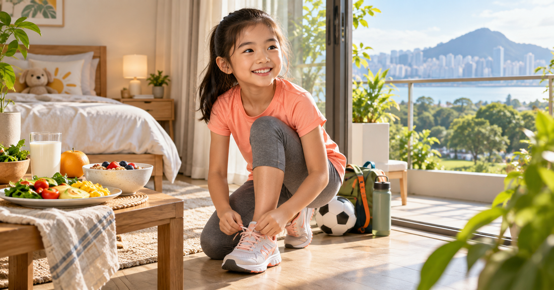 Child preparing for exercise beside a nutritious breakfast and restful bedroom