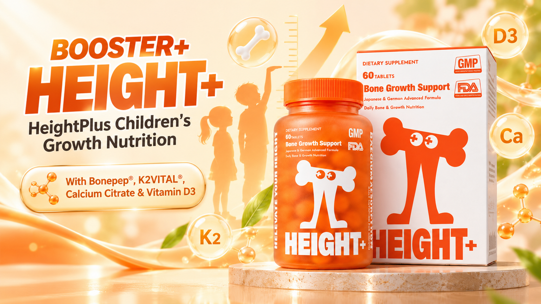 BOOSTER+ HEIGHT+ children's growth nutrition supplement bottle and box with Bonepep®, K2VITAL®, calcium citrate and vitamin D3