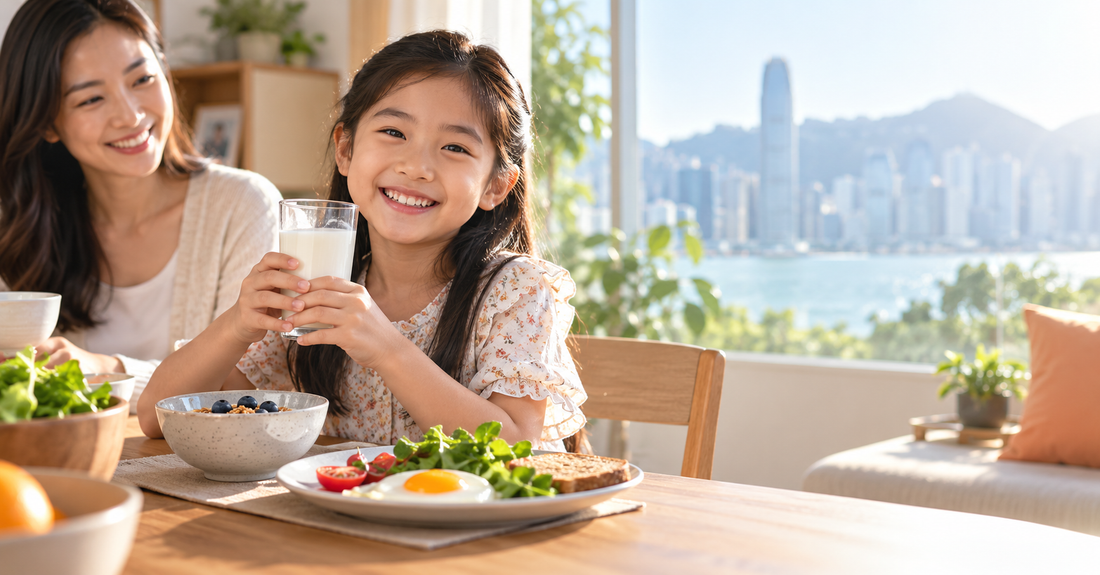 Child enjoying a calcium-rich breakfast with milk and vitamin D sunlight