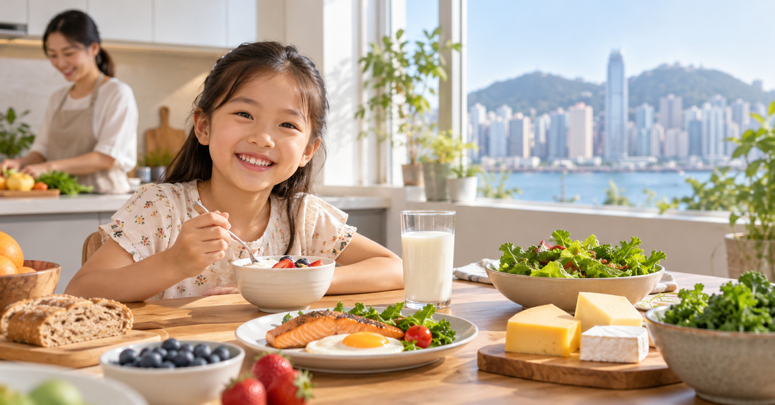 Child with foods containing calcium, vitamin D3 and vitamin K